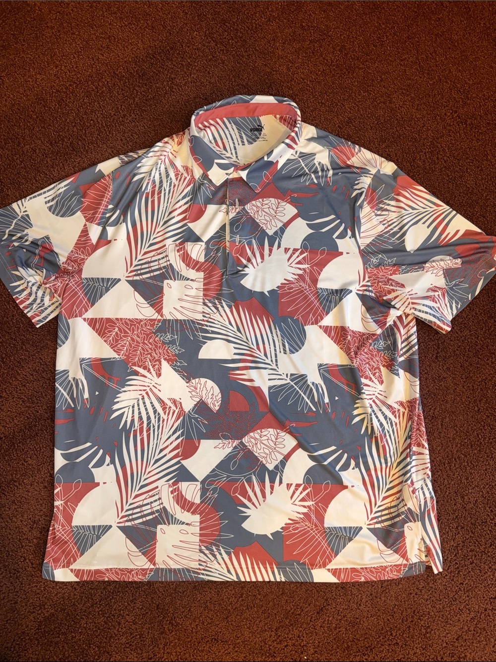Puma Men's Tropical Print Polo Shirt - White, Slate Grey & Rust